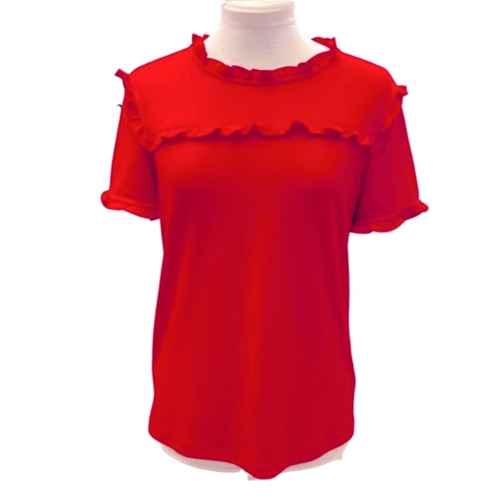 Karl Lagerfeld Paris red ruffled top with keyhole back & short sleeves. Size XS